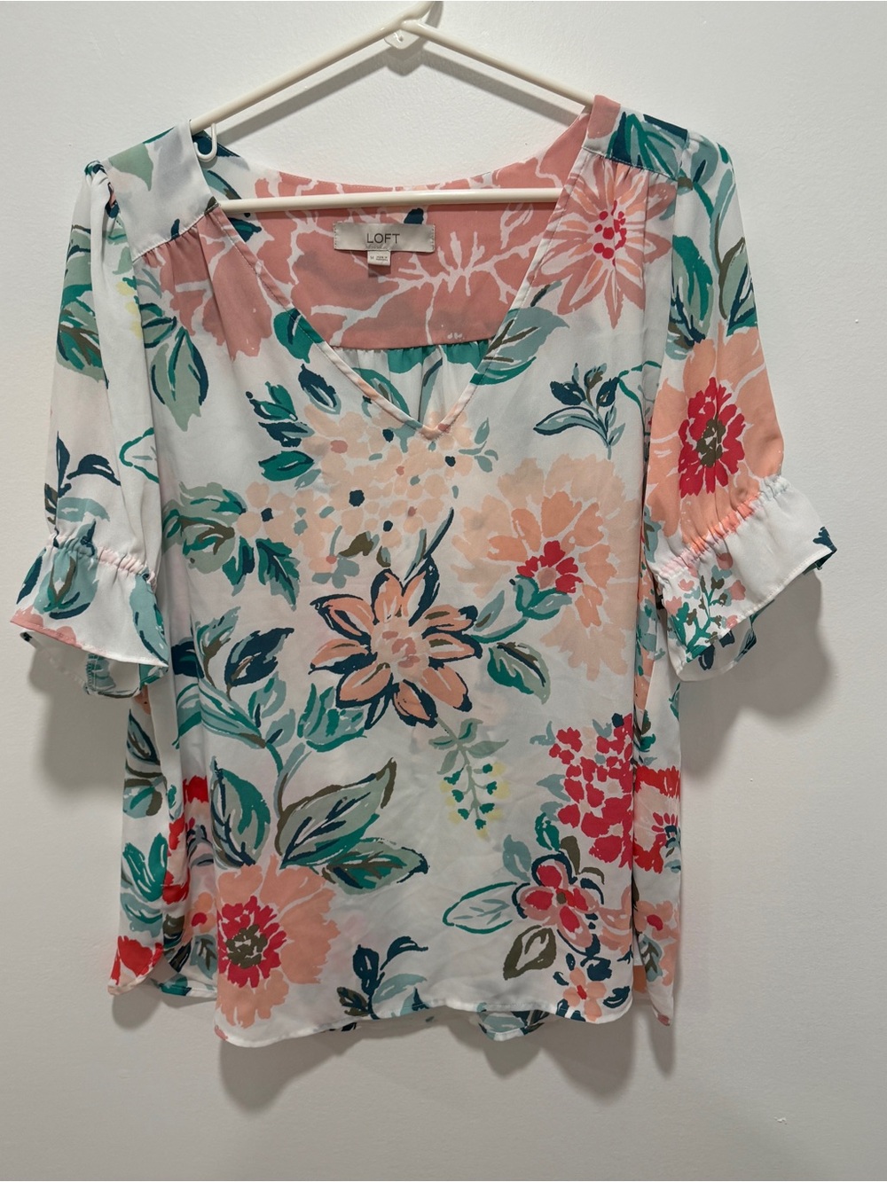 LOFT White Floral V-Neck Ruffle Sleeve Blouse - Coral, Teal & Green